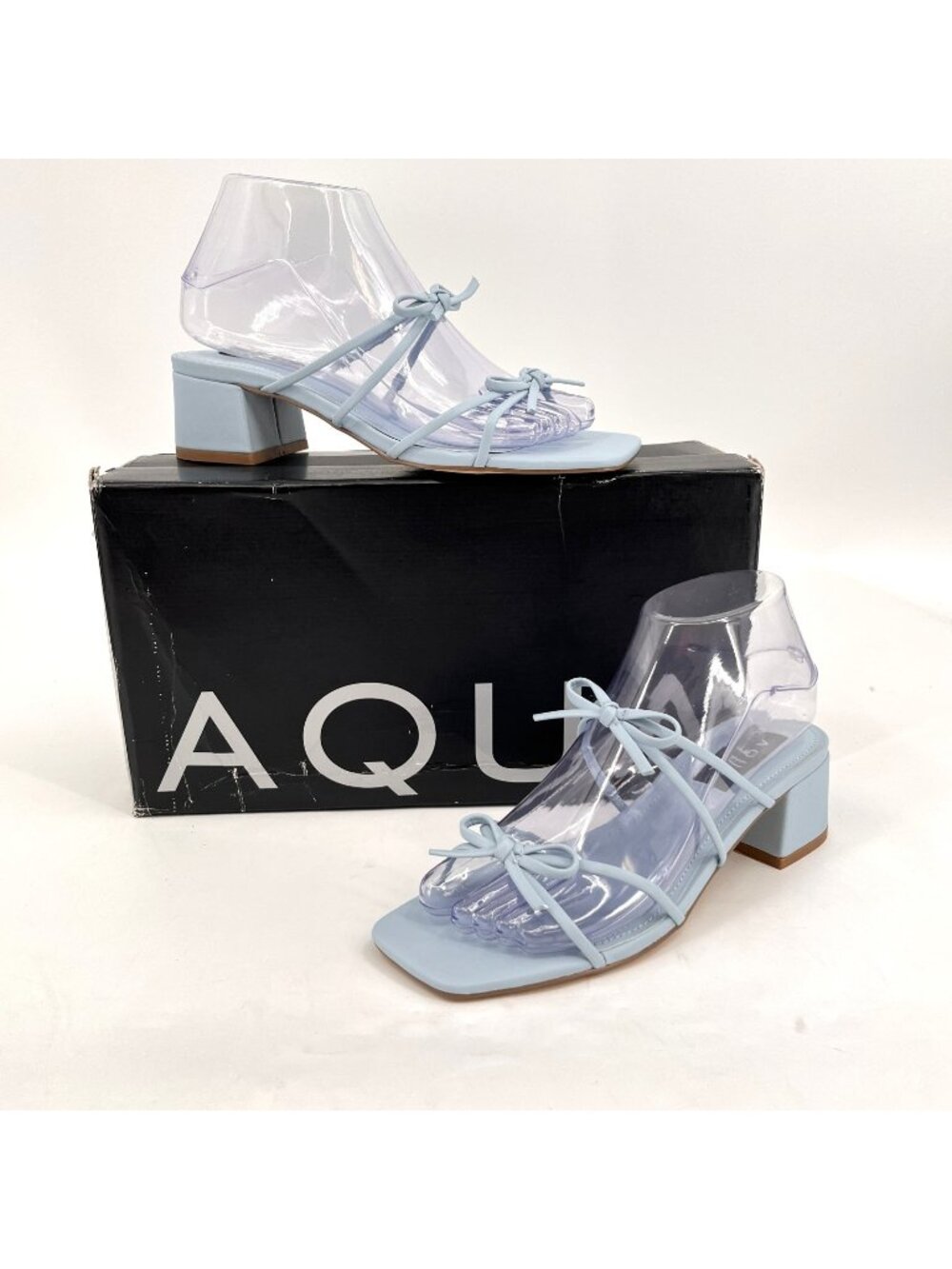 AQUA Women's Cntia Square Toe Double Bow Strap Block Heel Sandals Size 7 M